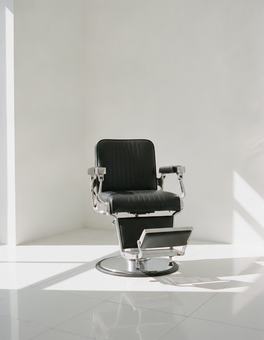 A black leather barber chair with chrome arms standing in bright window light on white tile