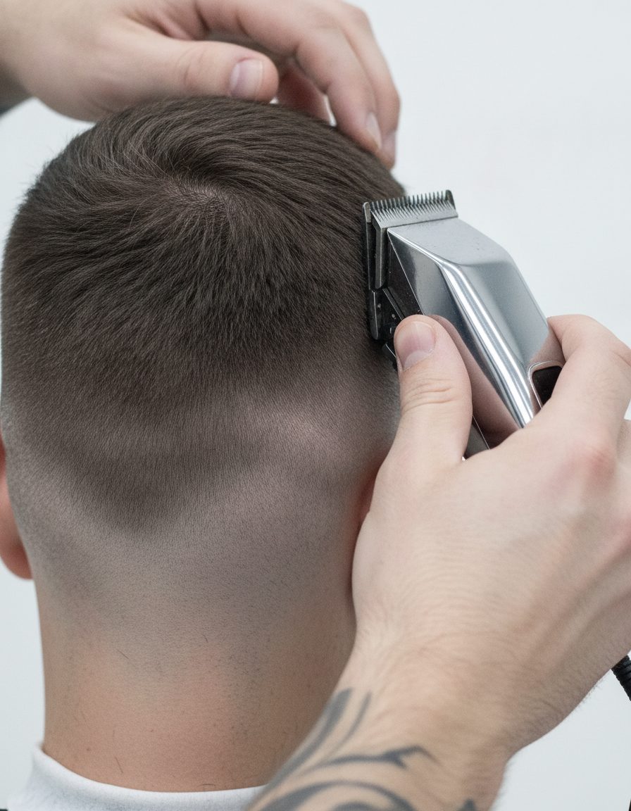 A barber's hands running clippers up the back of a head through a tight fade