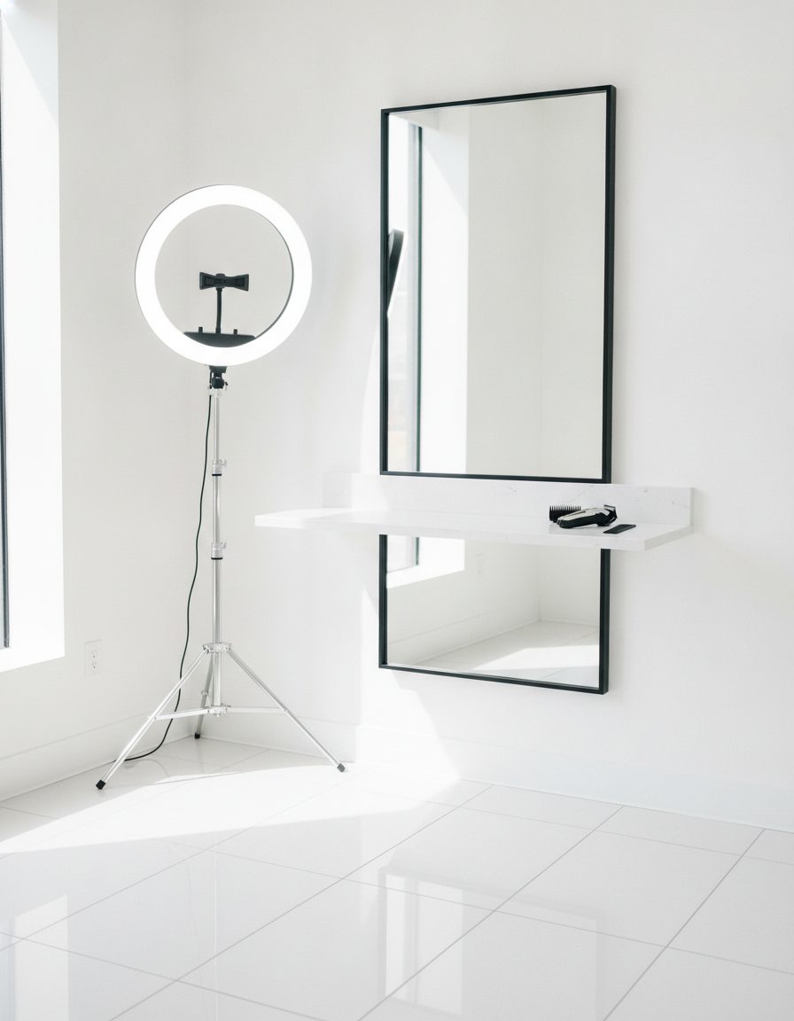 A barber station under a ring light, chrome clippers resting on a pale counter in bright daylight