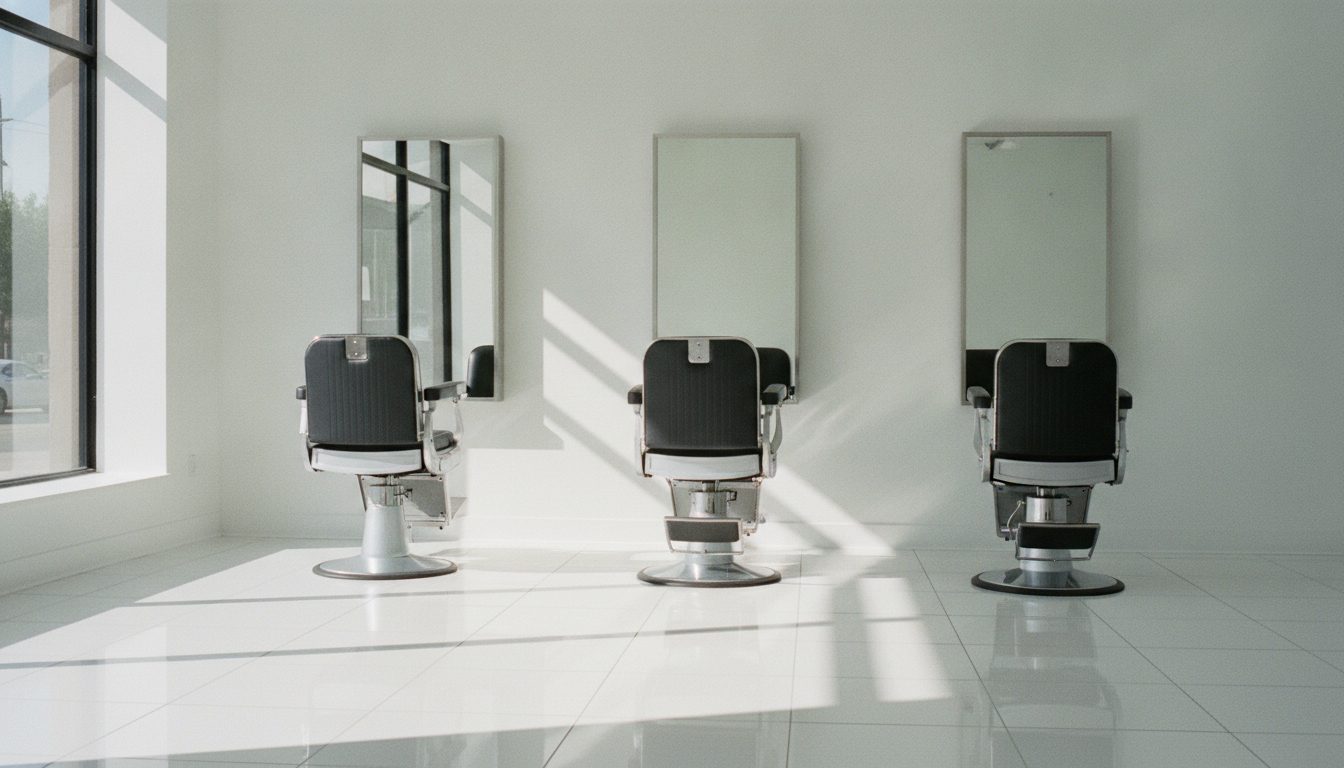 A row of barber chairs and tall mirrors in a bright studio with daylight coming through the front windows