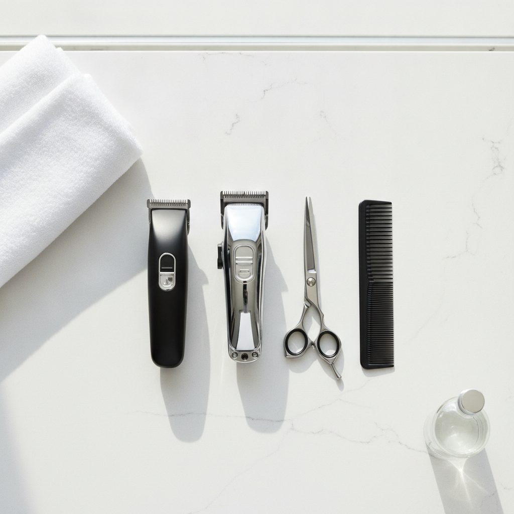 Chrome clippers, a black trimmer, scissors and a comb laid out on a pale counter